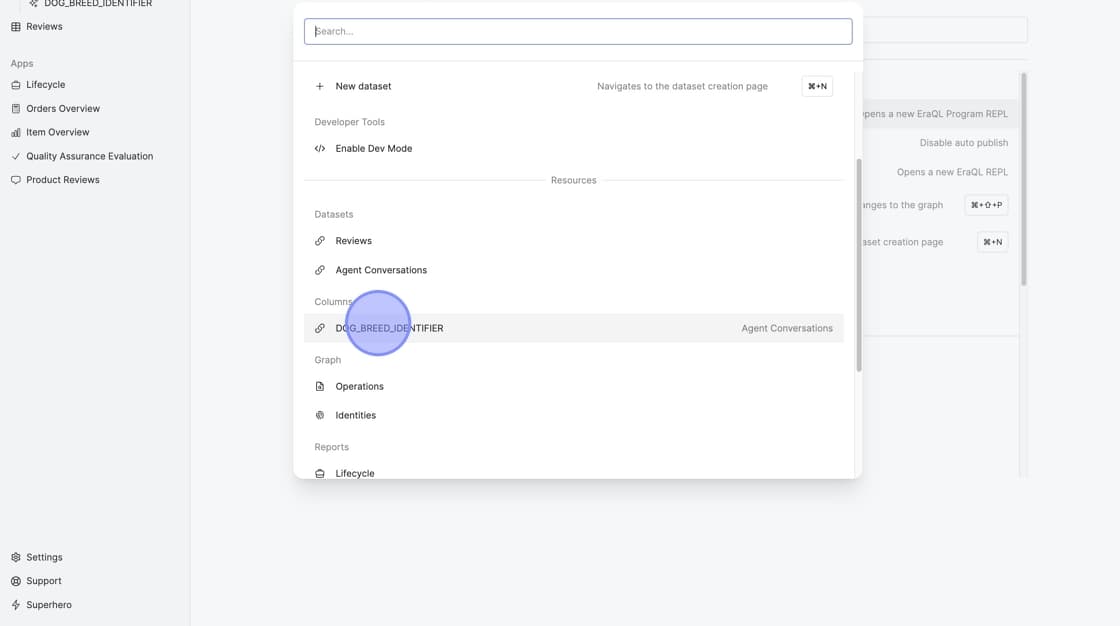 Command Palette open with search bar and Columns section visible