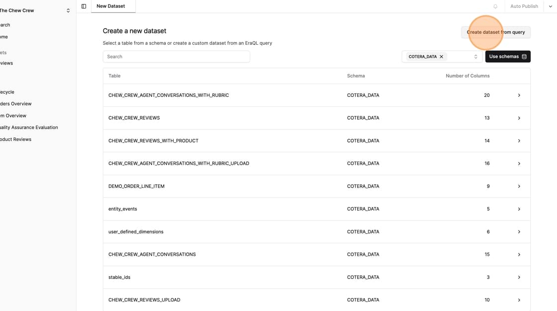 Data set creation page showing both options - Select from existing tables and Create dataset from query