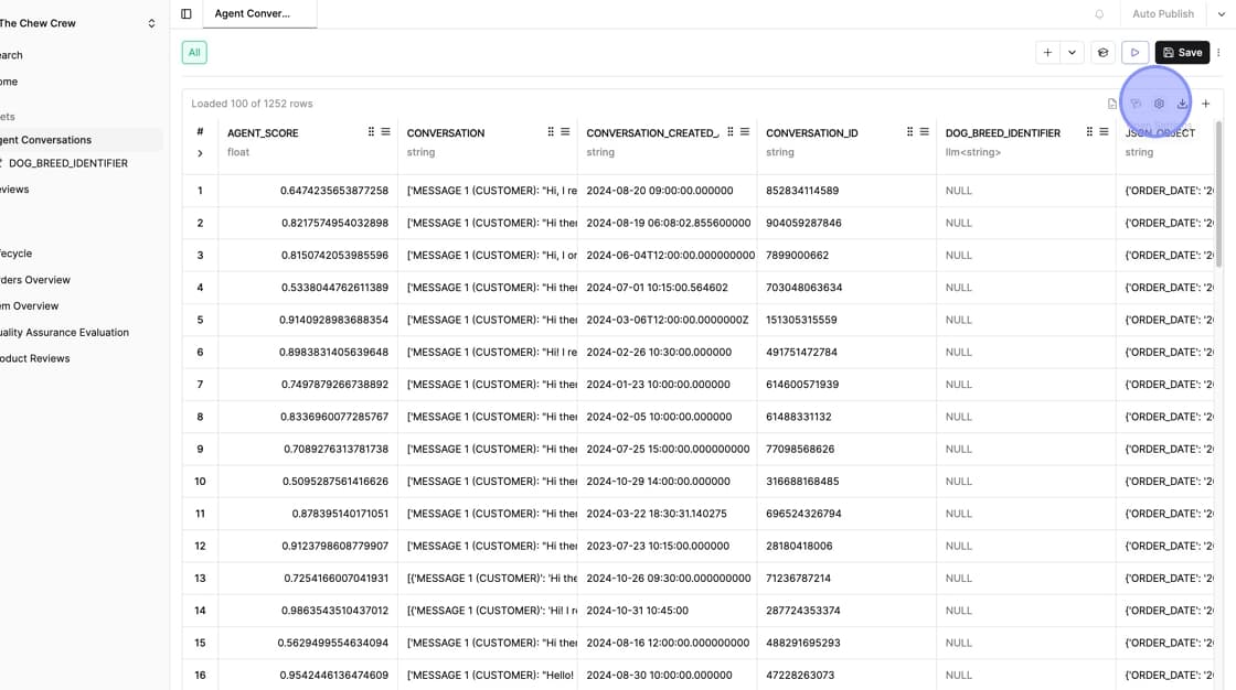 Dataset view with settings icon highlighted in upper right corner
