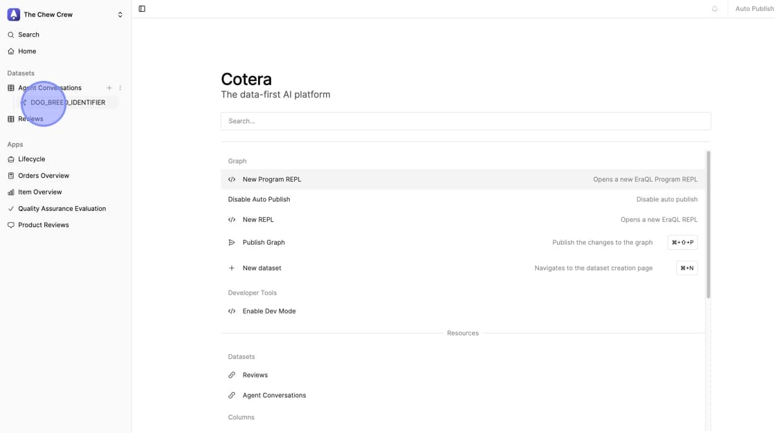 Expanded dataset in sidebar showing list of columns underneath
