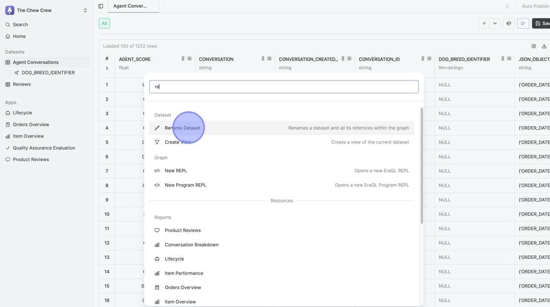 Command Palette open with Rename Dataset search results or Dataset menu visible