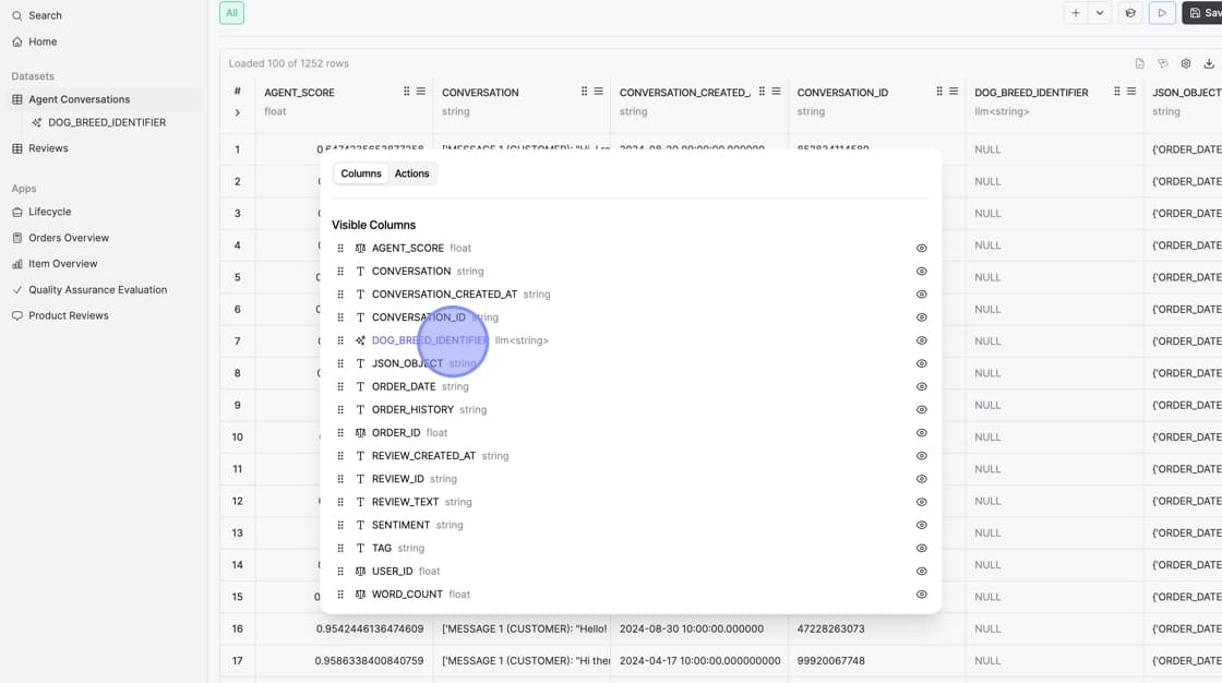 Settings menu showing list of column names for selection