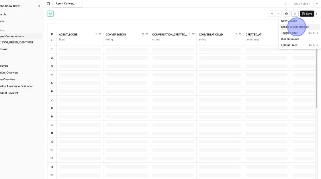 Three dots menu open showing Create Child Dataset option