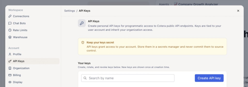 Create a Cotera API key in Settings → API Keys