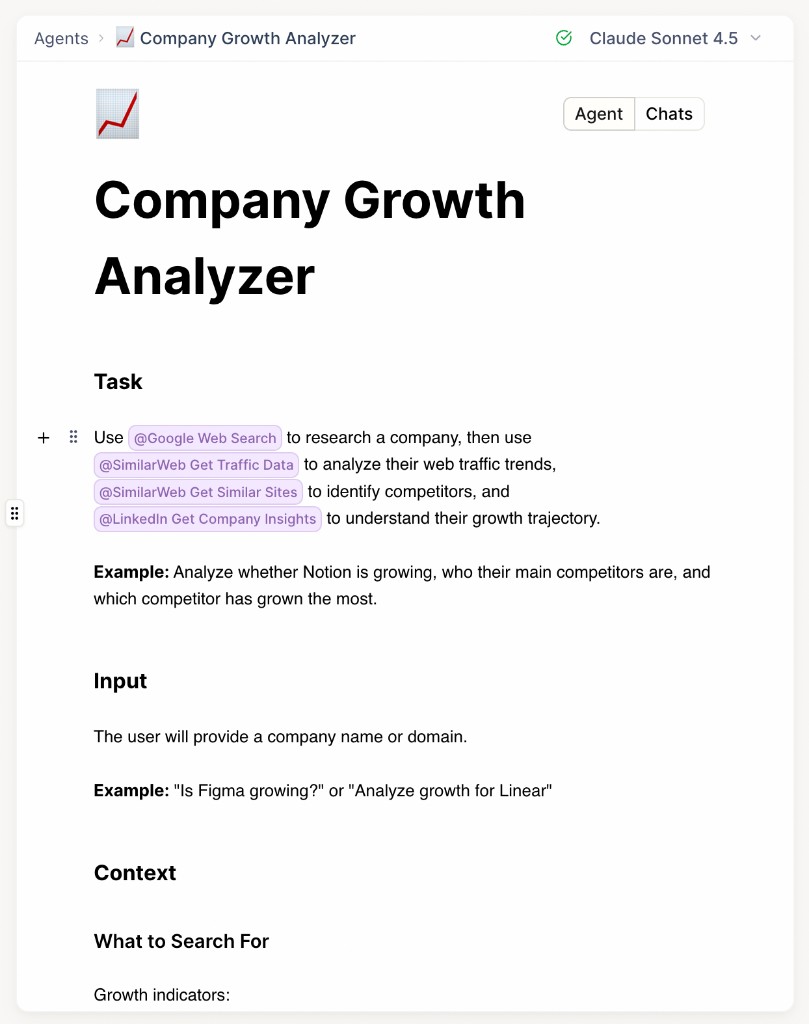 Company Growth Analyzer — predefined tools, instructions, and input schema in Cotera
