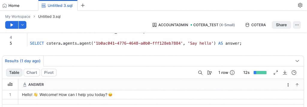 Successful agent call in a Snowflake SQL worksheet